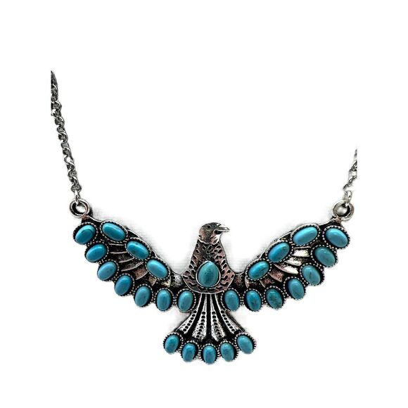 NEW Silver Faux Turquoise Phoenix Pendant Chain Necklace - Picture 2 of 11